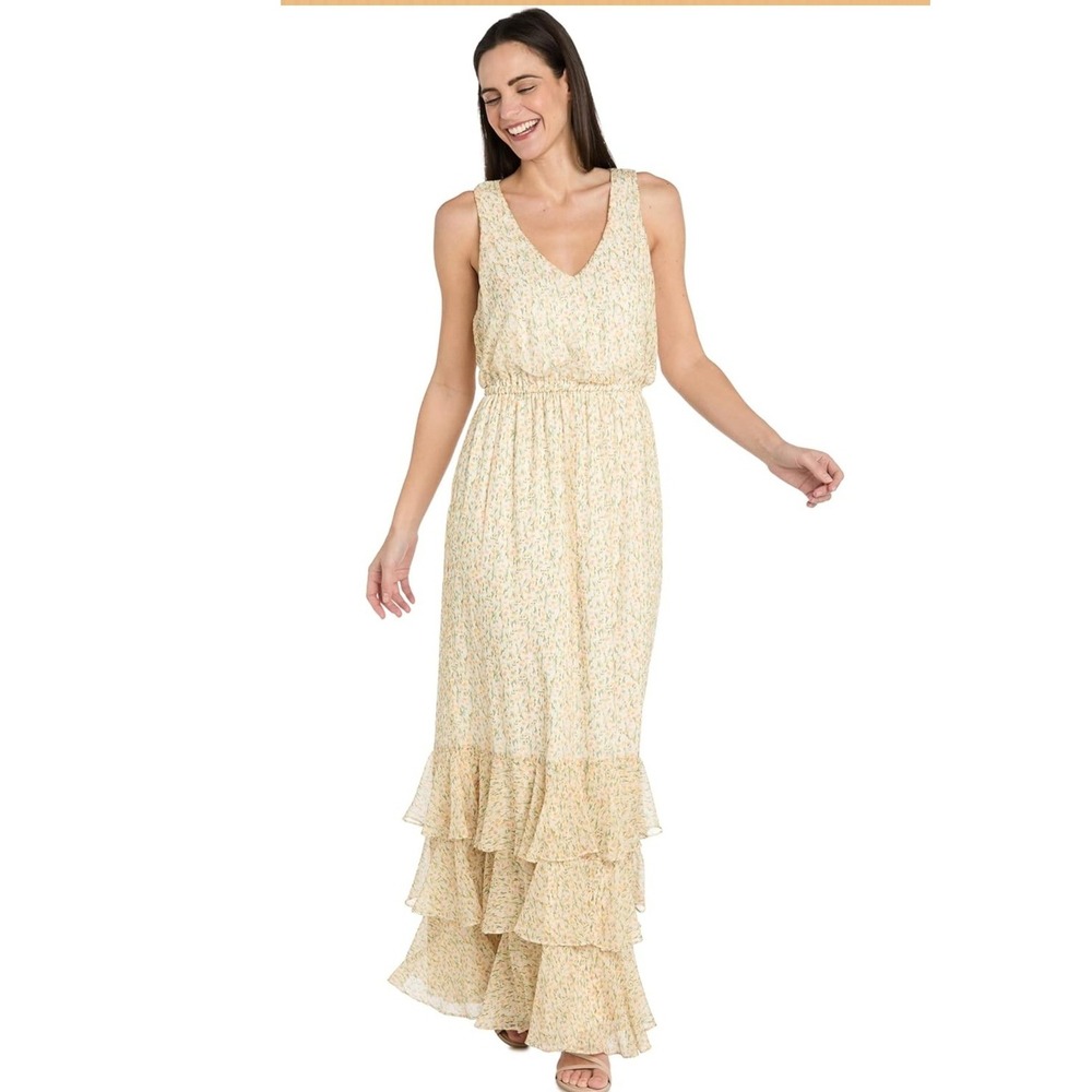 R&M Richards‎ Maxi Dress Womens 6 Yellow Floral Tiered Chiffon Boho Romantic NWT